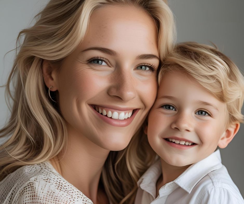 Uśmiechnięta kobieta o blond włosach przytula małego chłopca